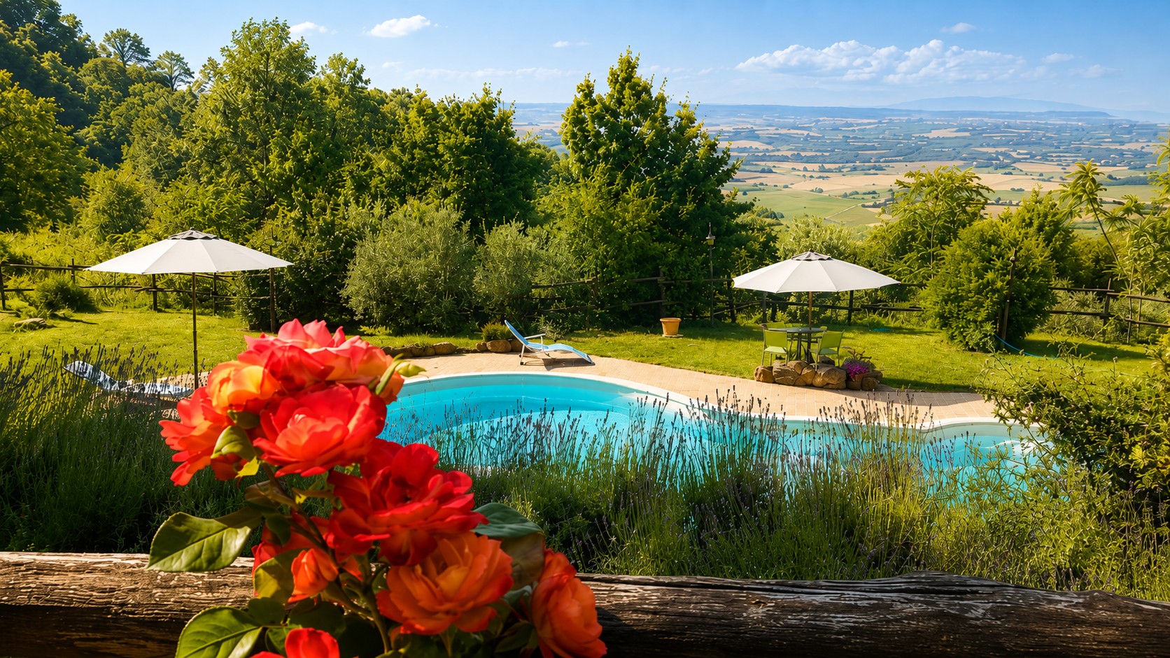 Piscina panoramica dell’agriturismo Il Pausillo con entrambi gli ombrelloni aperti e le relative ombre